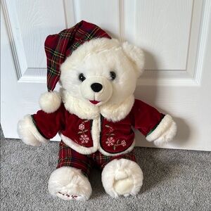 Festive Red and White Teddy Bear with Christmas Plaid Hat